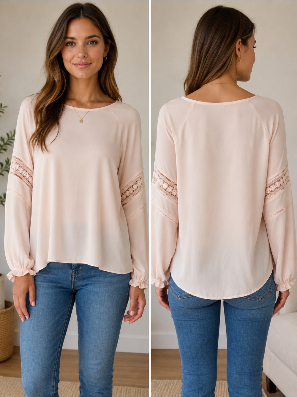 LOFT Blush Lace-Trim Long Sleeve Blouse Size M NWT
